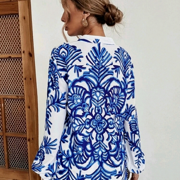 Plants Print Notched Neck Blouse - Picture 5 of 5